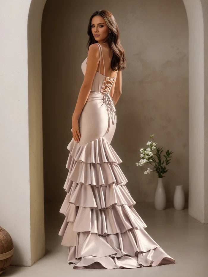 Pearl Pink Straps V-Neck A-Line Layers Sweep Brush Train Prom Dress with Slit