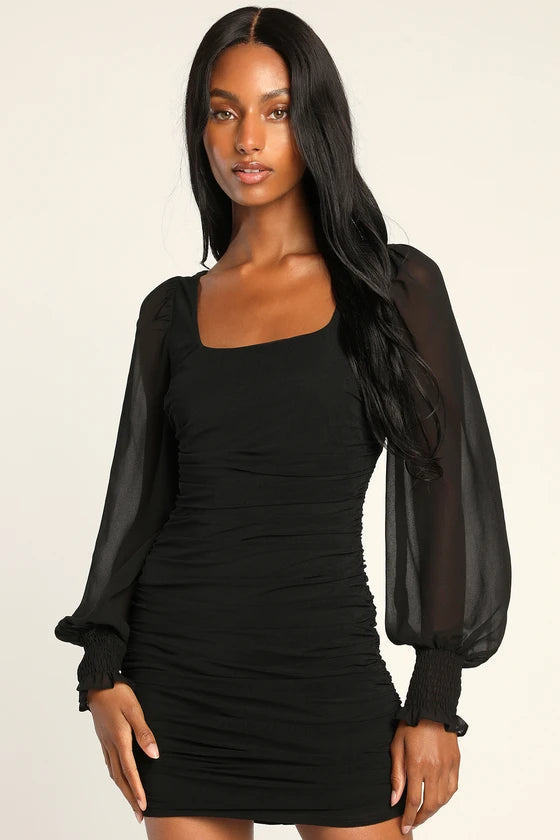 Perfect Sensation Mesh Ruched Puff Sleeve Mini Dress Homecoming Dress