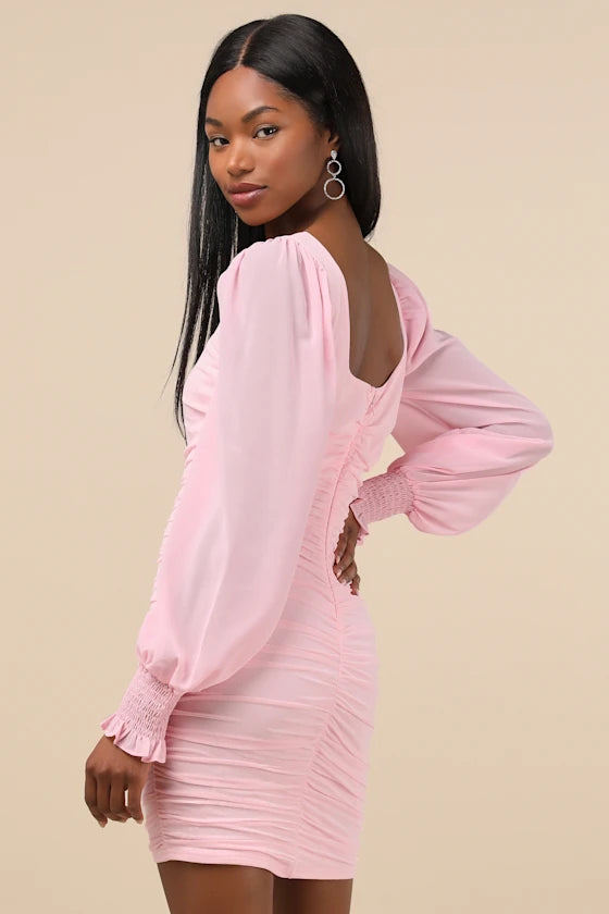 Perfect Sensation Mesh Ruched Puff Sleeve Mini Dress Homecoming Dress
