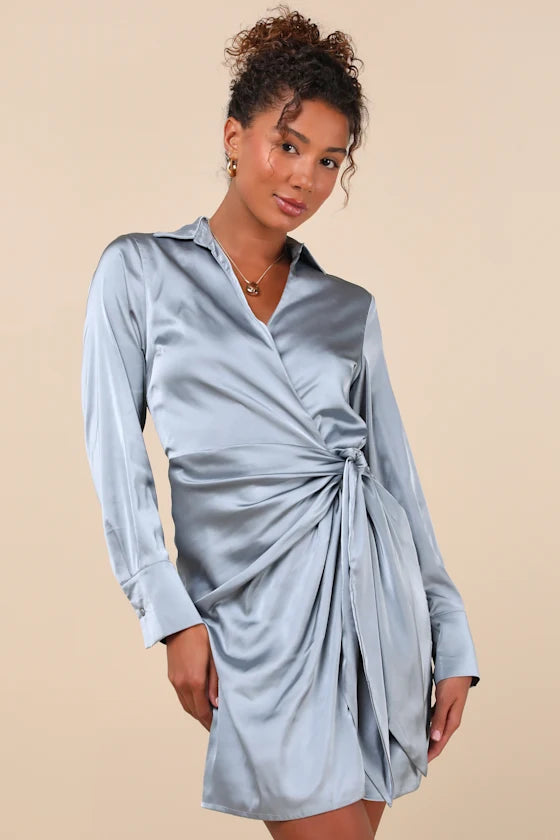 Perfection Satin Wrap Mini Dress Homecoming Dresses