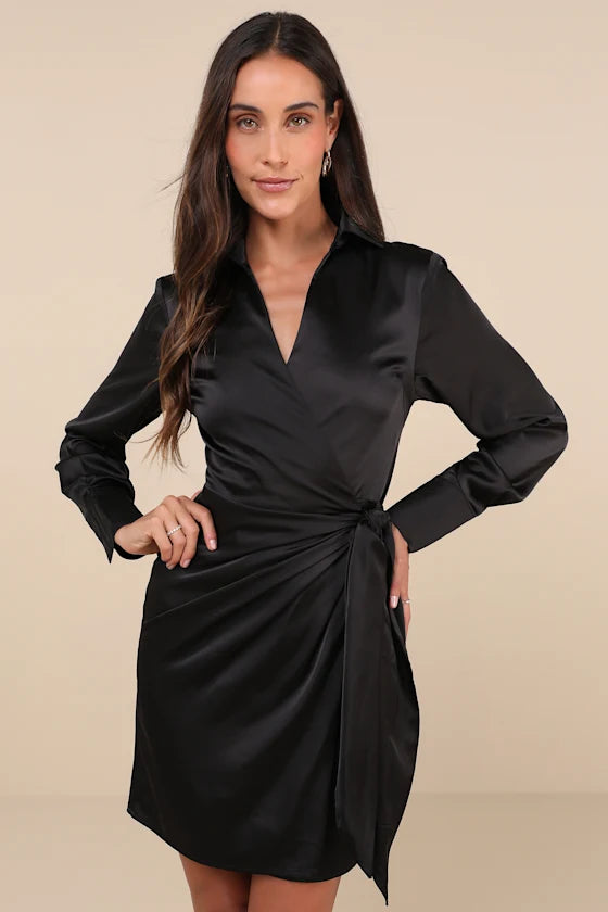 Perfection Satin Wrap Mini Dress Homecoming Dresses