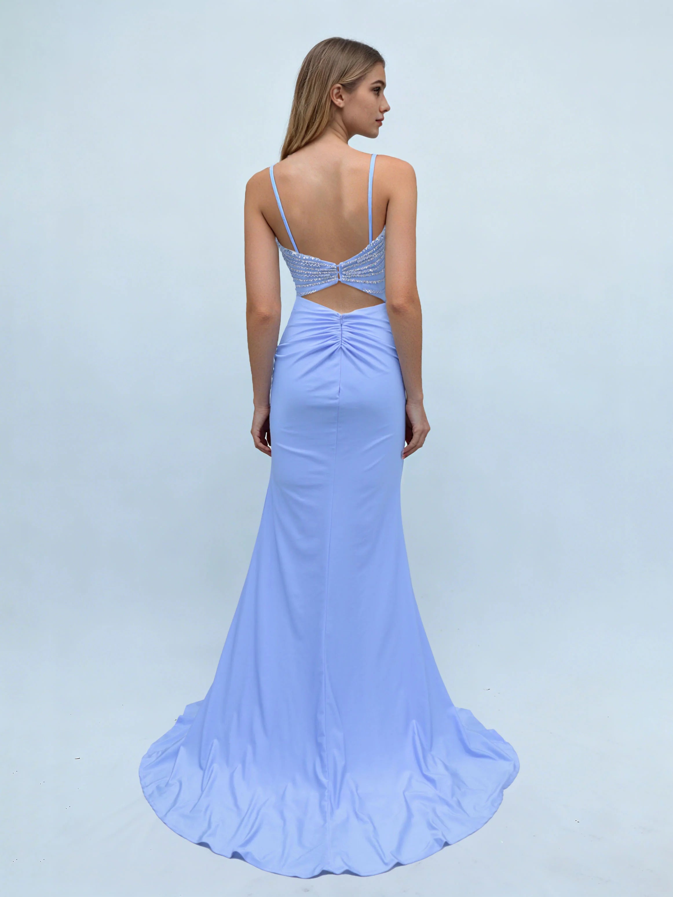 Periwinkle Blue Beaded Cutout Mermaid Evening Dress Spaghetti Strap High Slit Train Formal Gown