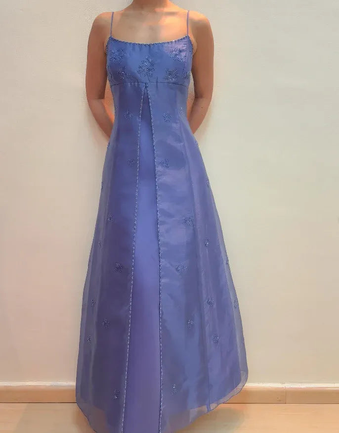 Periwinkle Blue Spaghetti Strap Square Neck Embroidered Organza Maxi Gown