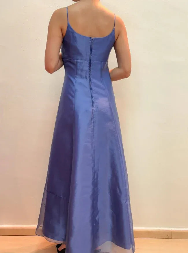 Periwinkle Blue Spaghetti Strap Square Neck Embroidered Organza Maxi Gown