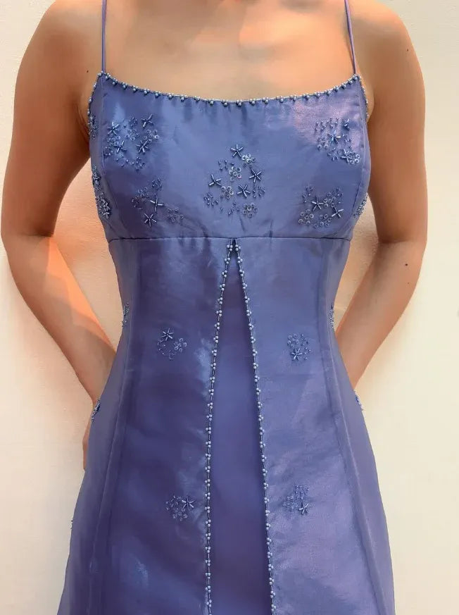 Periwinkle Blue Spaghetti Strap Square Neck Embroidered Organza Maxi Gown