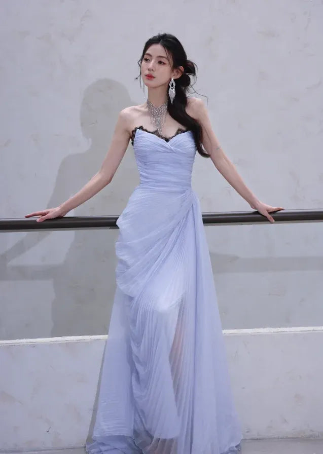 Periwinkle Pleated Strapless Gown – Lace Trim Ruched Maxi Dress with High Slit & Train