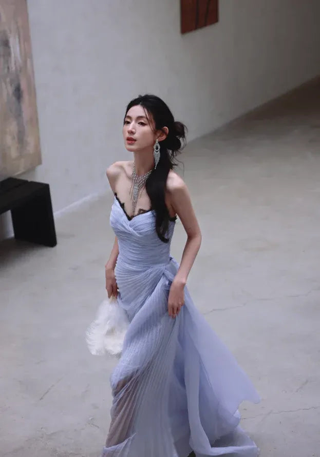 Periwinkle Pleated Strapless Gown – Lace Trim Ruched Maxi Dress with High Slit & Train