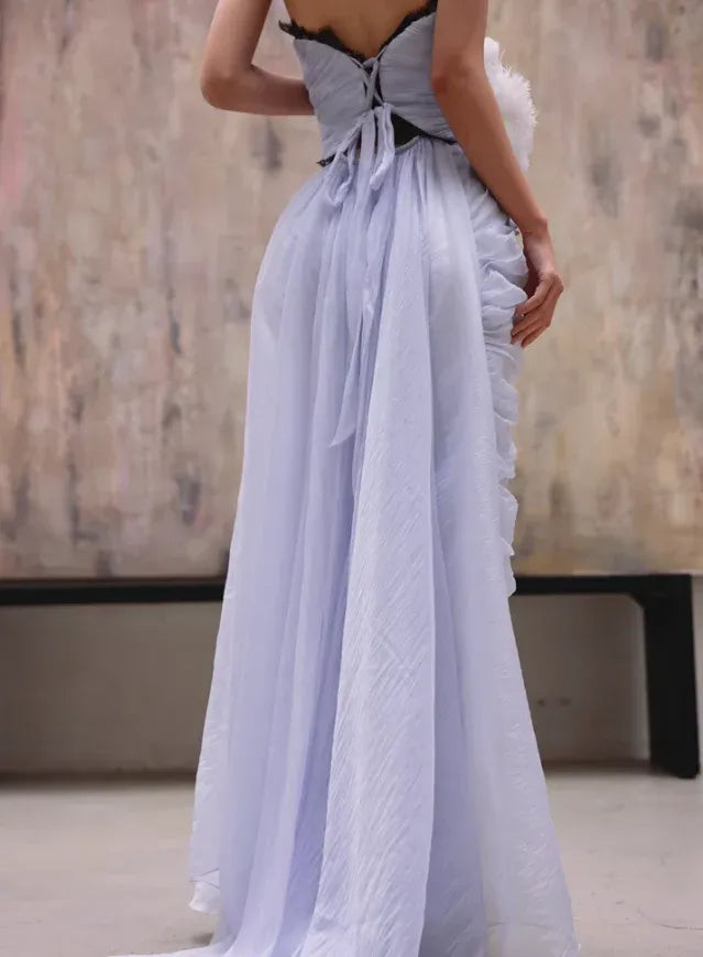 Periwinkle Pleated Strapless Gown – Lace Trim Ruched Maxi Dress with High Slit & Train