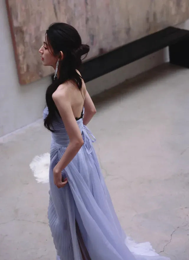 Periwinkle Pleated Strapless Gown – Lace Trim Ruched Maxi Dress with High Slit & Train