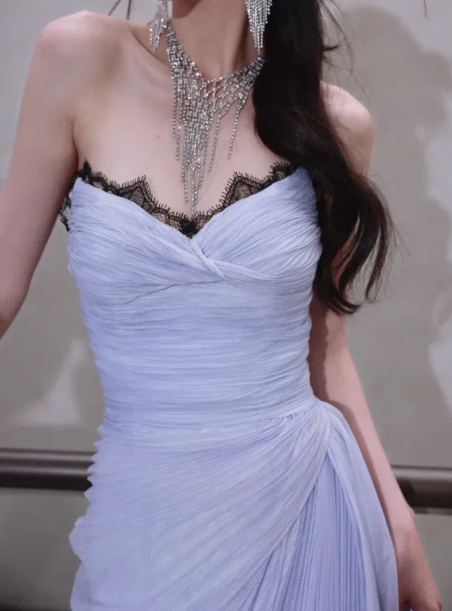Periwinkle Pleated Strapless Gown – Lace Trim Ruched Maxi Dress with High Slit & Train