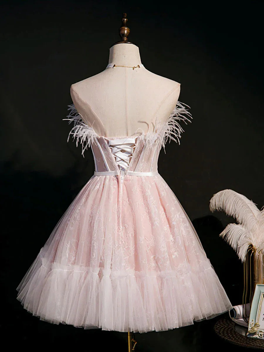 Pink Feather Trim Corset Lace Tulle A-Line Homecoming Dress