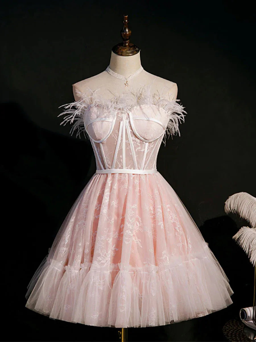 Pink Feather Trim Corset Lace Tulle A-Line Homecoming Dress