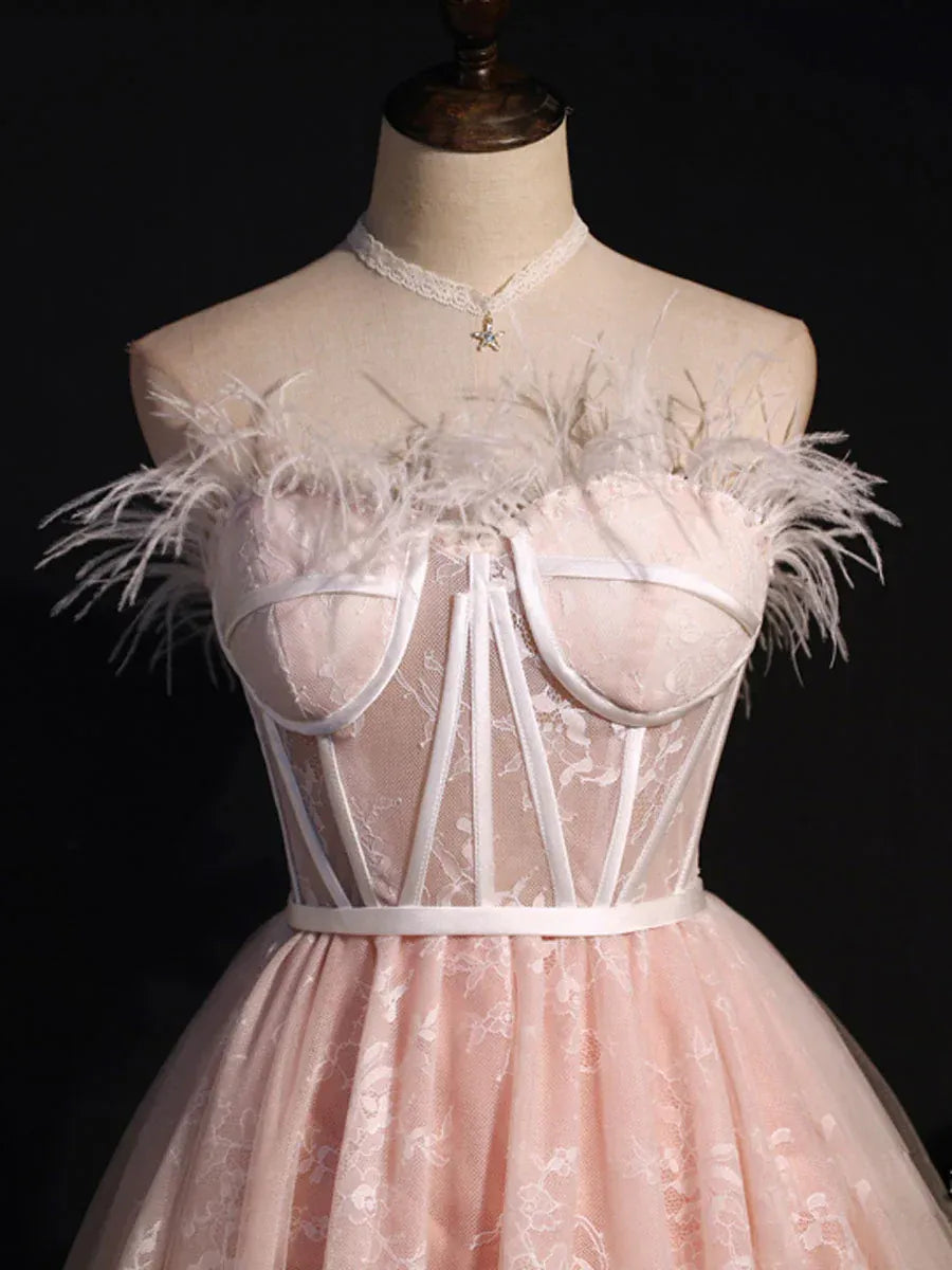 Pink Feather Trim Corset Lace Tulle A-Line Homecoming Dress