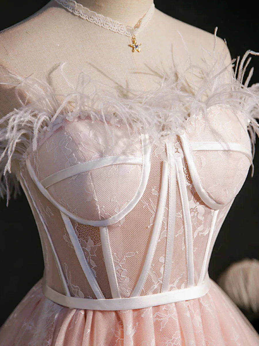 Pink Feather Trim Corset Lace Tulle A-Line Homecoming Dress