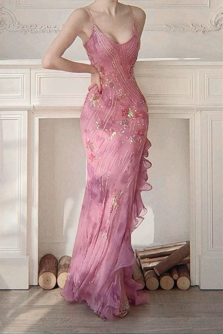 Pink Floral Beaded Mermaid Gown – Spaghetti Strap V-Neck Evening Dress with Ruffle Slit & Train