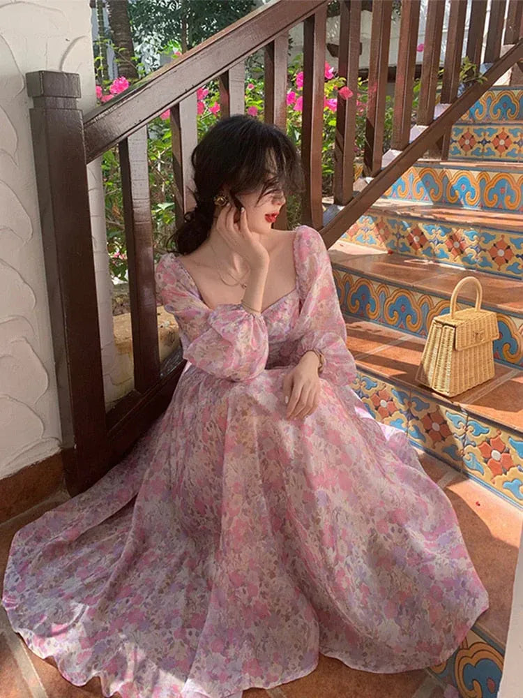 Pink Floral Chiffon Puff Sleeve Maxi Dress – Square Neck Smocked Waist Boho Summer Sundress
