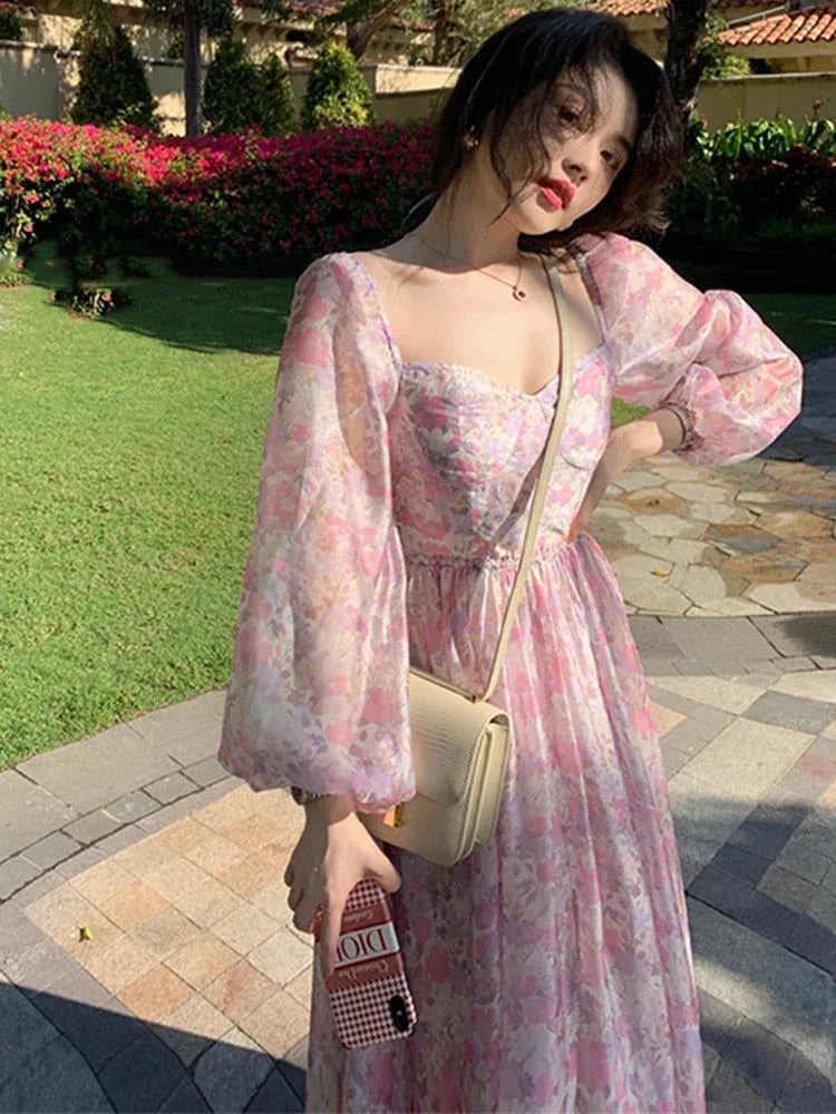 Pink Floral Chiffon Puff Sleeve Maxi Dress – Square Neck Smocked Waist Boho Summer Sundress