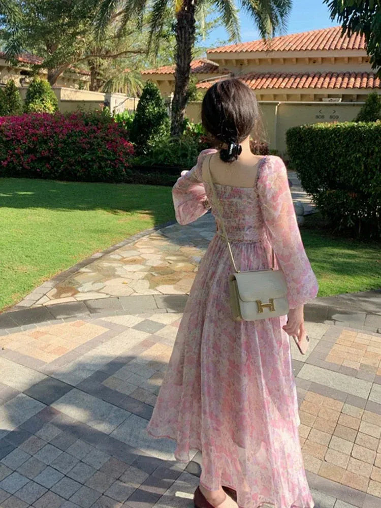 Pink Floral Chiffon Puff Sleeve Maxi Dress – Square Neck Smocked Waist Boho Summer Sundress