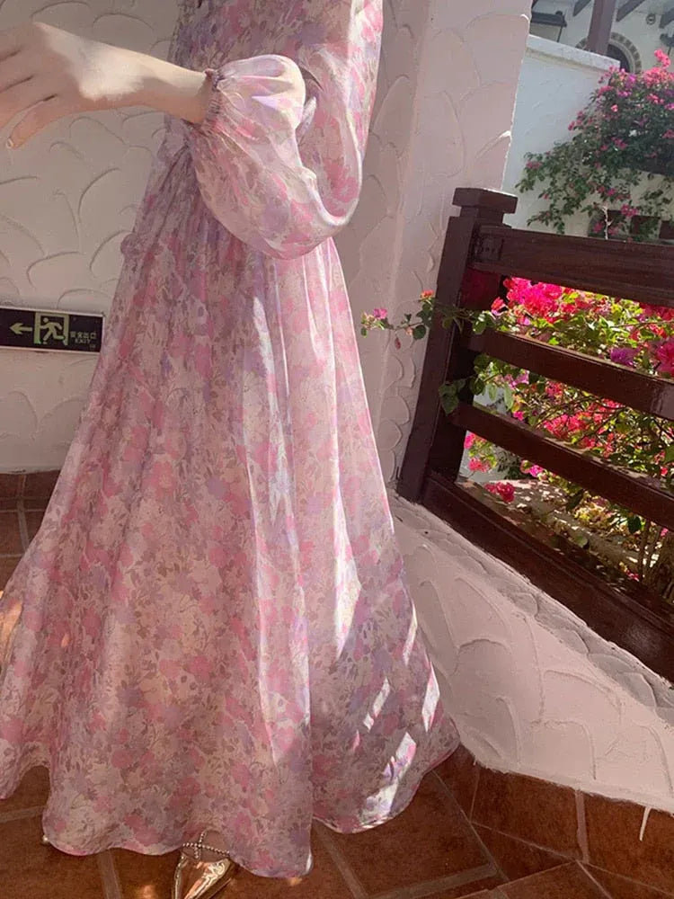 Pink Floral Chiffon Puff Sleeve Maxi Dress – Square Neck Smocked Waist Boho Summer Sundress