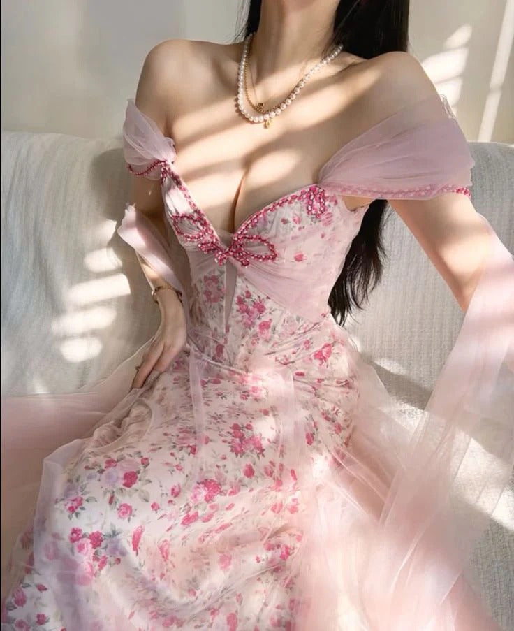 Pink Floral Off-Shoulder Midi Dress – Beaded Bow Detail Chiffon Overlay Formal Gown