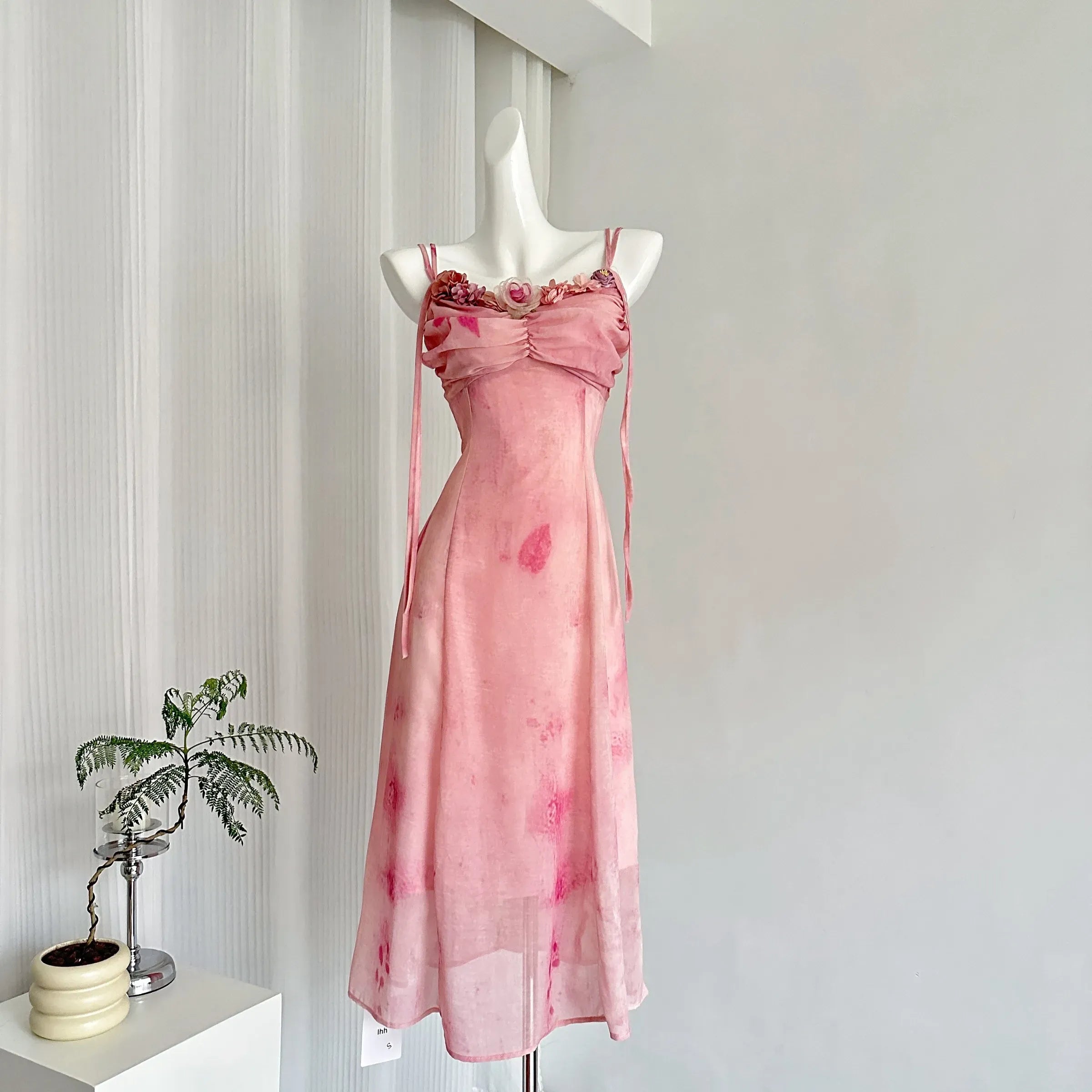 Pink Floral Print Spaghetti-Strap Midi Dress with 3D Flowers