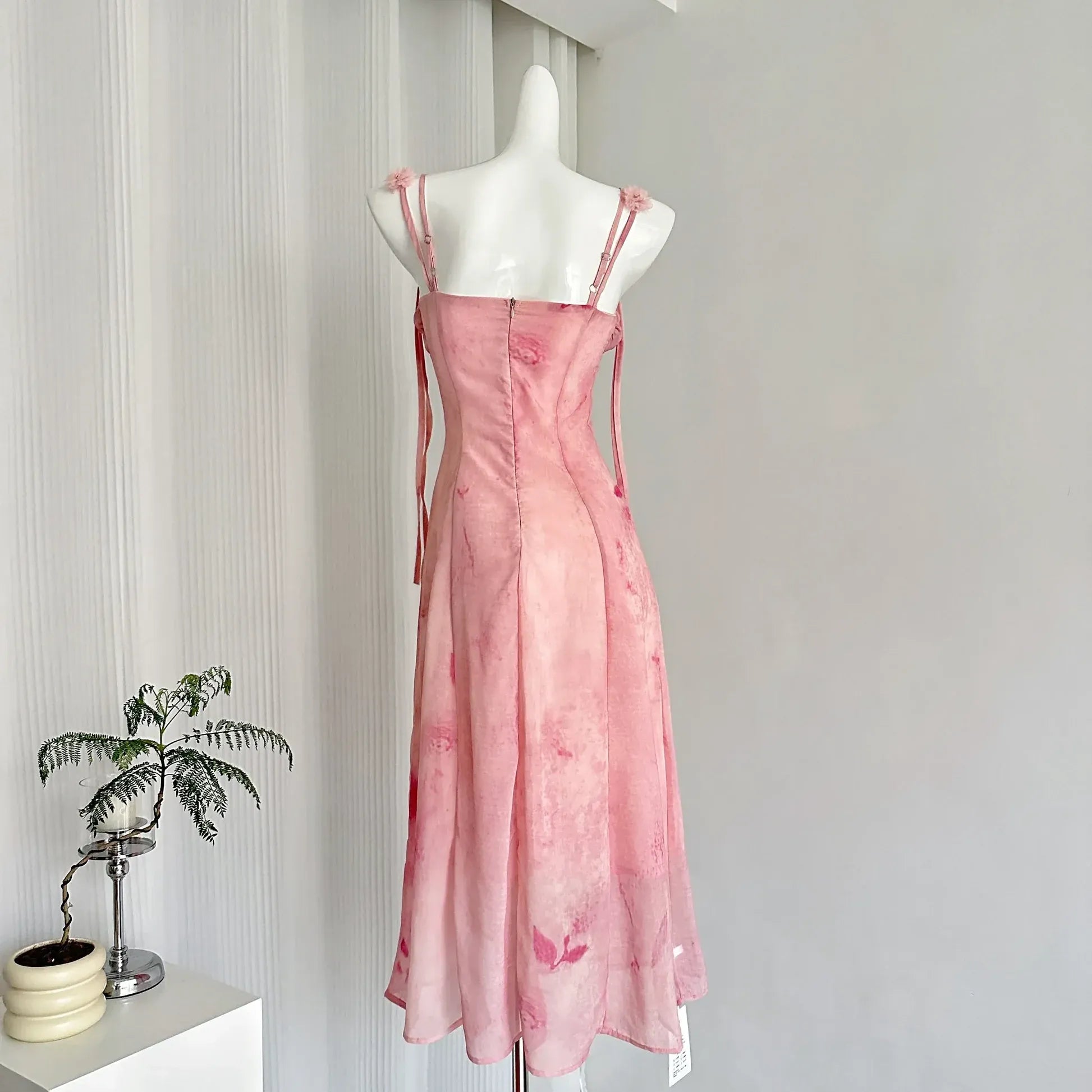 Pink Floral Print Spaghetti-Strap Midi Dress with 3D Flowers
