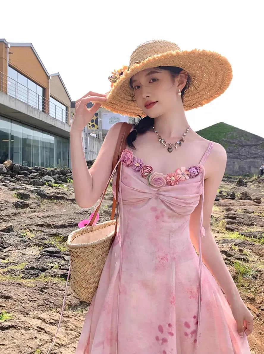 Pink Floral Print Spaghetti-Strap Midi Dress with 3D Flowers