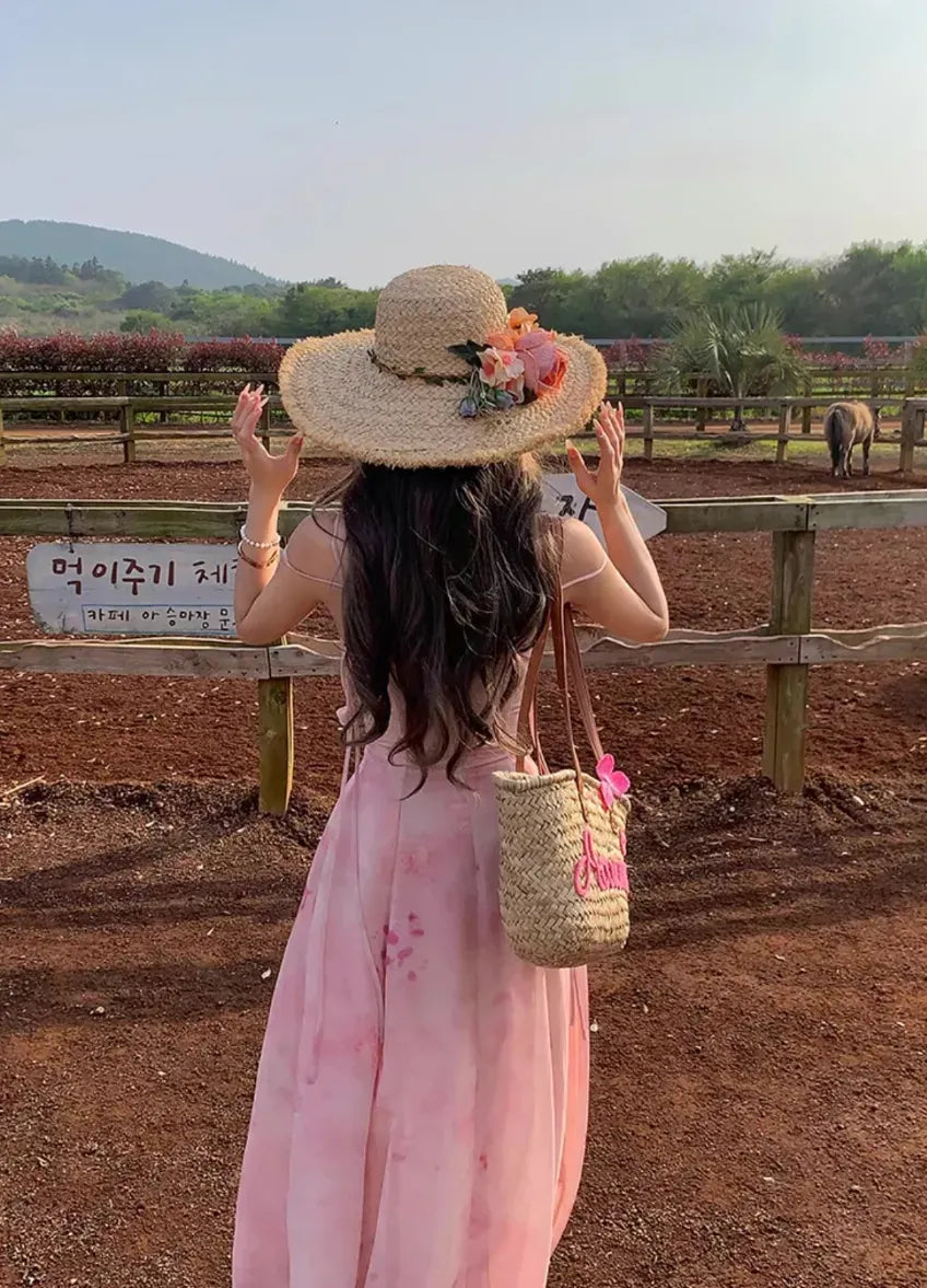 Pink Floral Print Spaghetti-Strap Midi Dress with 3D Flowers