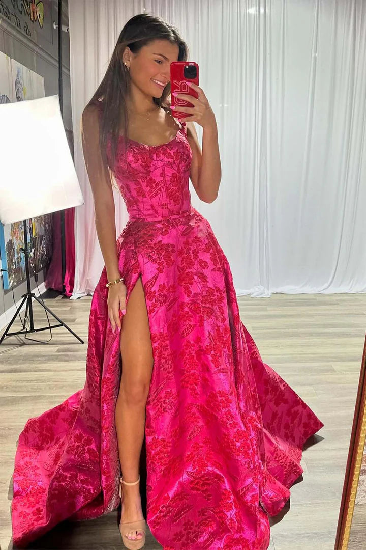 Hot Pink Floral Prom Dress with Slit