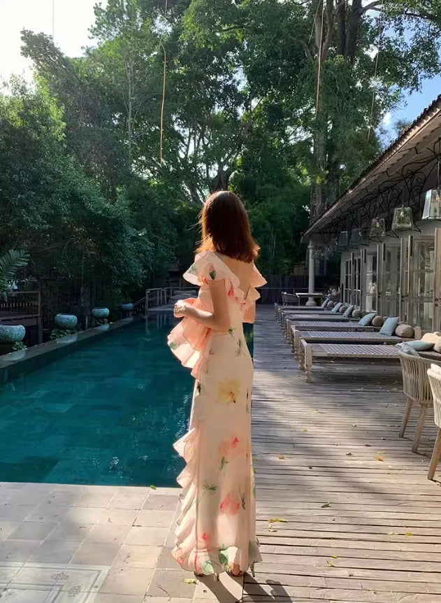 Pink Floral Ruffle Off-Shoulder High Slit Maxi Dress