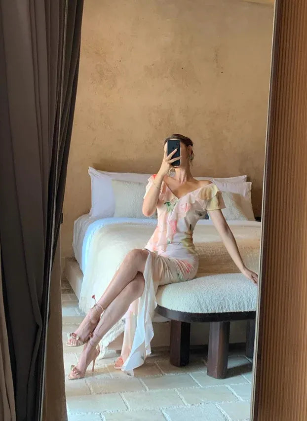 Pink Floral Ruffle Off-Shoulder High Slit Maxi Dress