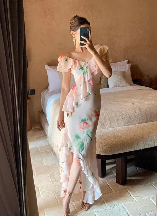 Pink Floral Ruffle Off-Shoulder High Slit Maxi Dress