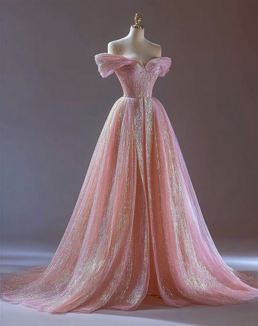 Pink Glitter Tulle Off-Shoulder Ball Gown