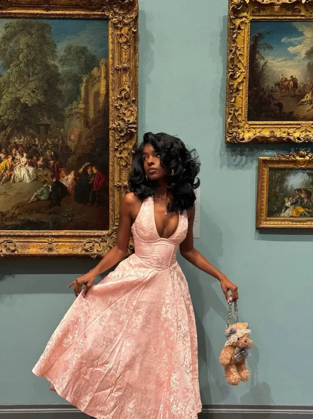 Pink Jacquard Halter Neck Plunging V-Neck A-Line Midi Gown
