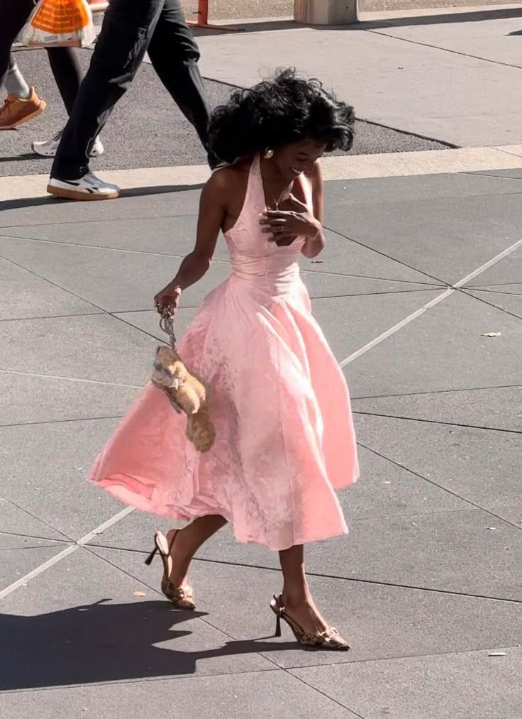 Pink Jacquard Halter Neck Plunging V-Neck A-Line Midi Gown