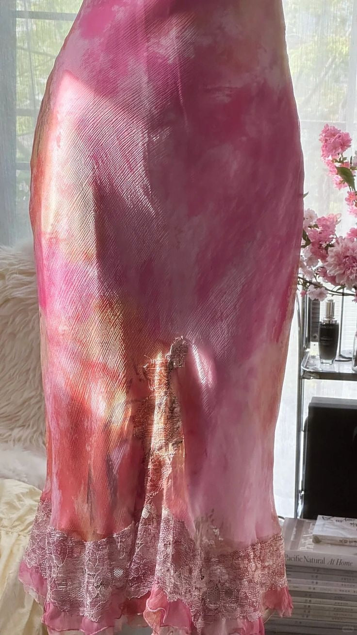 Pink Ombre Tie-Dye Lace Halter Midi Dress – Vintage Evening Party Gown