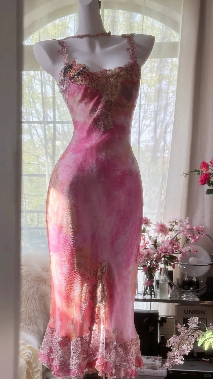 Pink Ombre Tie-Dye Lace Halter Midi Dress – Vintage Evening Party Gown