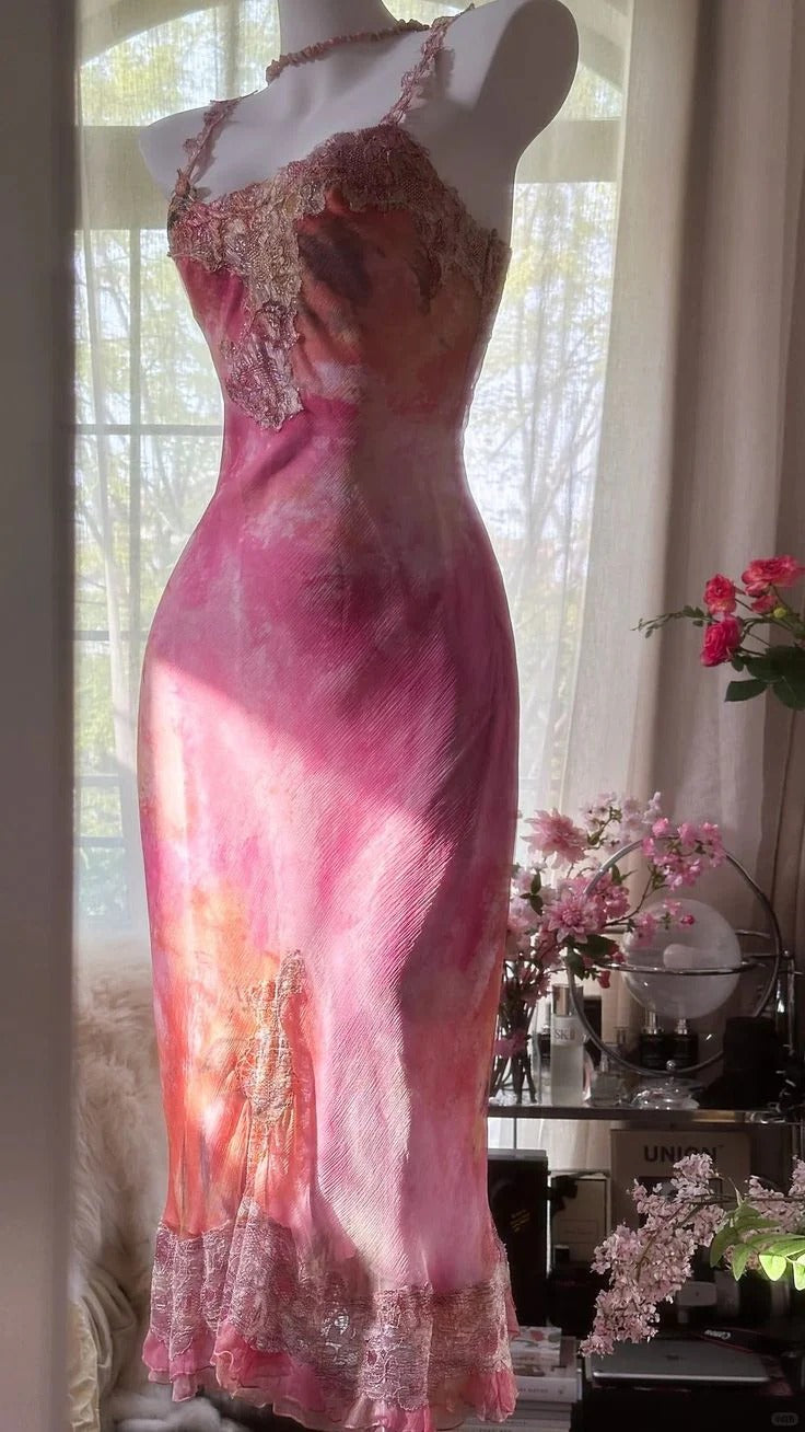 Pink Ombre Tie-Dye Lace Halter Midi Dress – Vintage Evening Party Gown