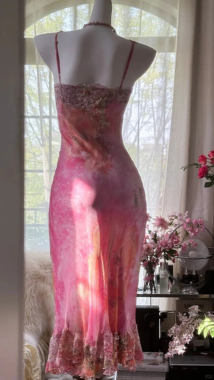 Pink Ombre Tie-Dye Lace Halter Midi Dress – Vintage Evening Party Gown