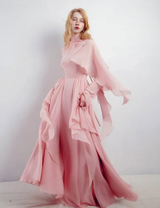 Pink Ruffled Chiffon Gown – Spaghetti Strap Maxi Dress with Matching Shawl