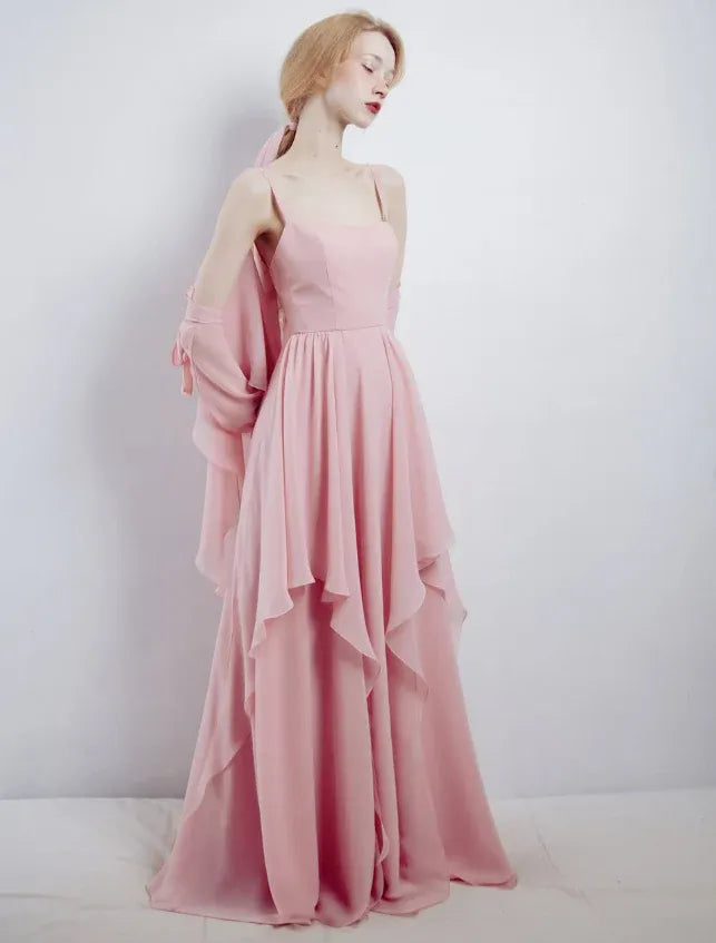 Pink Ruffled Chiffon Gown – Spaghetti Strap Maxi Dress with Matching Shawl