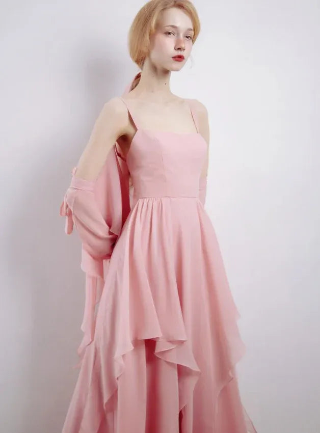 Pink Ruffled Chiffon Gown – Spaghetti Strap Maxi Dress with Matching Shawl