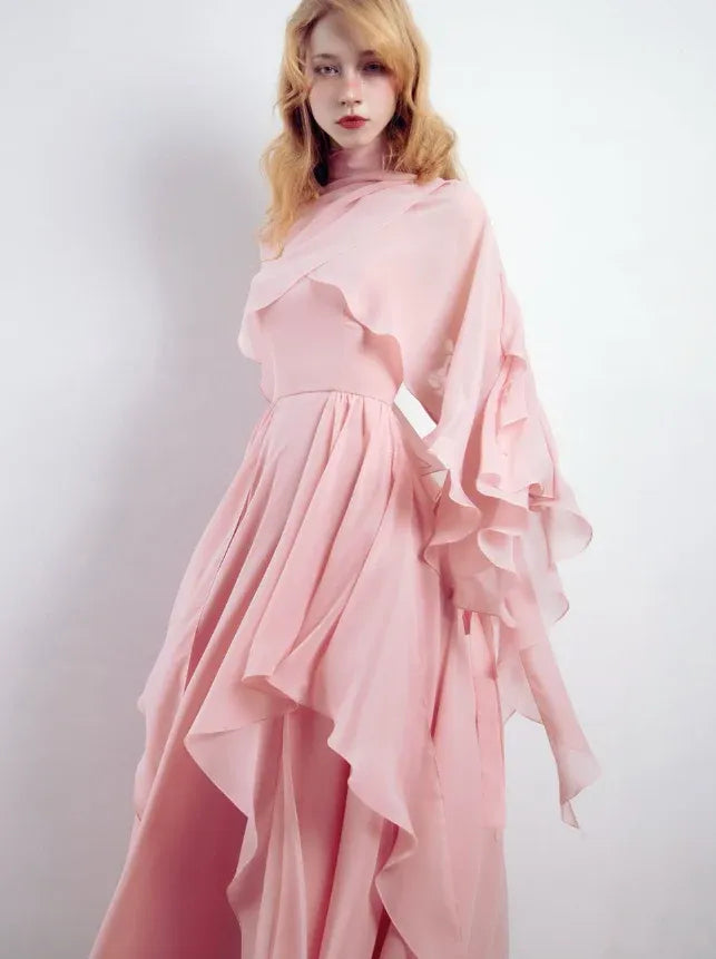 Pink Ruffled Chiffon Gown – Spaghetti Strap Maxi Dress with Matching Shawl