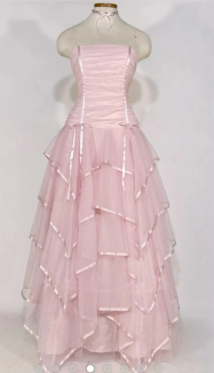 Pink Ruffled Tulle Prom Dress – Spaghetti Strap Lace-Up Back Gown with Satin Trim