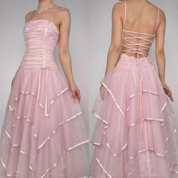 Pink Ruffled Tulle Prom Dress – Spaghetti Strap Lace-Up Back Gown with Satin Trim