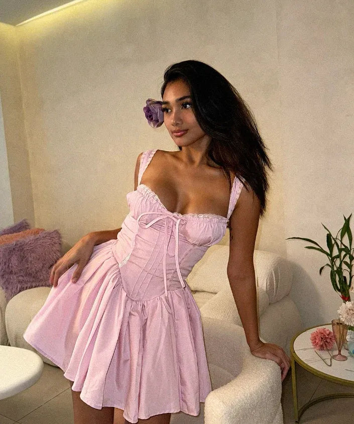 Pink Satin Lace Trim Corset Mini Dress – Spaghetti Strap Ruched Bust Flared A-Line Party Gown