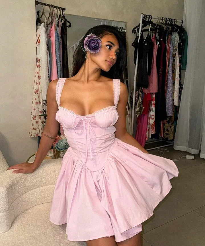 Pink Satin Lace Trim Corset Mini Dress – Spaghetti Strap Ruched Bust Flared A-Line Party Gown