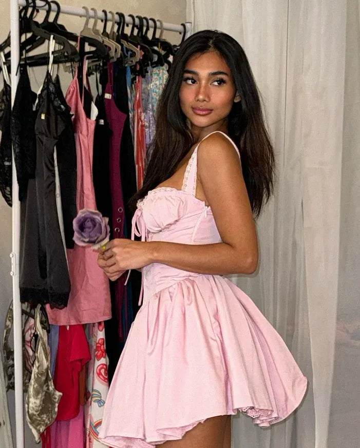 Pink Satin Lace Trim Corset Mini Dress – Spaghetti Strap Ruched Bust Flared A-Line Party Gown