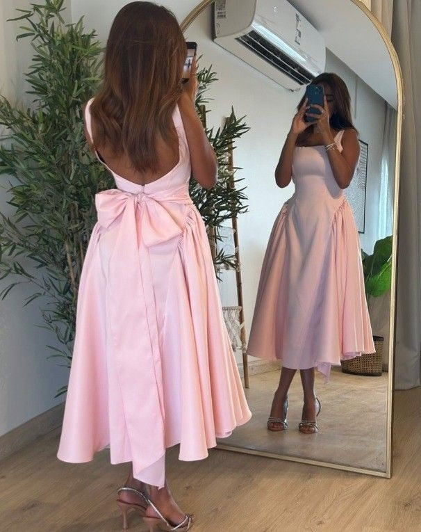 Pink Satin Midi Dress – Open Back Bow Detail Fit-and-Flare Formal Gown