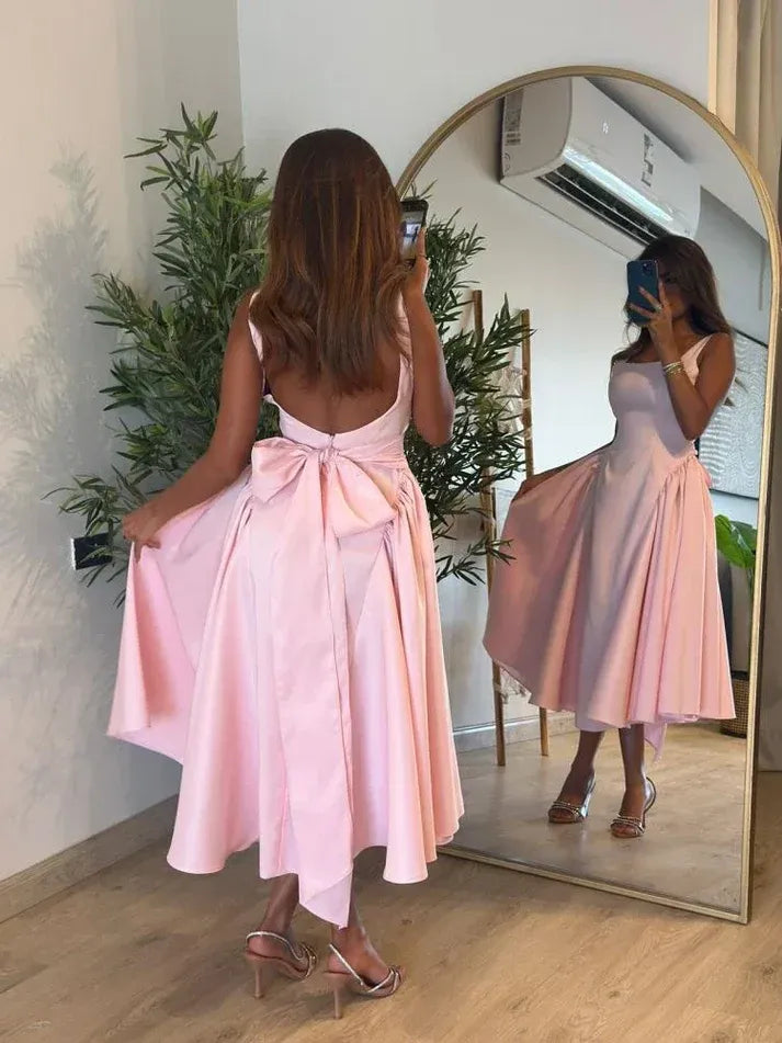 Pink Satin Midi Dress – Open Back Bow Detail Fit-and-Flare Formal Gown
